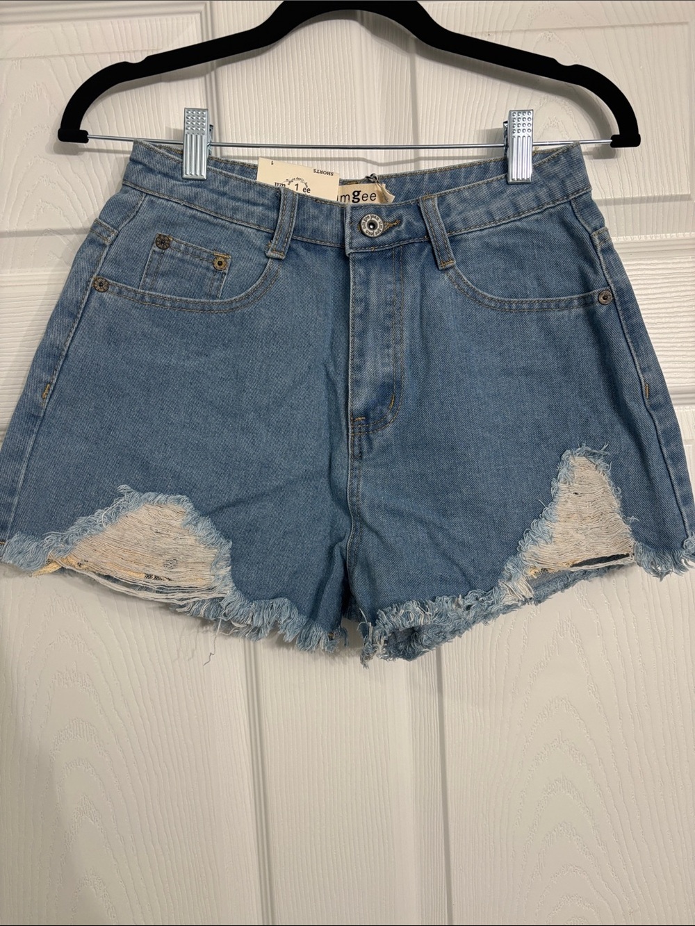 Light Blue Distressed Denim Shorts - Women's